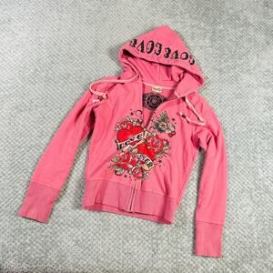 vtg y2k pink heart print crop babydoll full zip coquette hoodie s love love